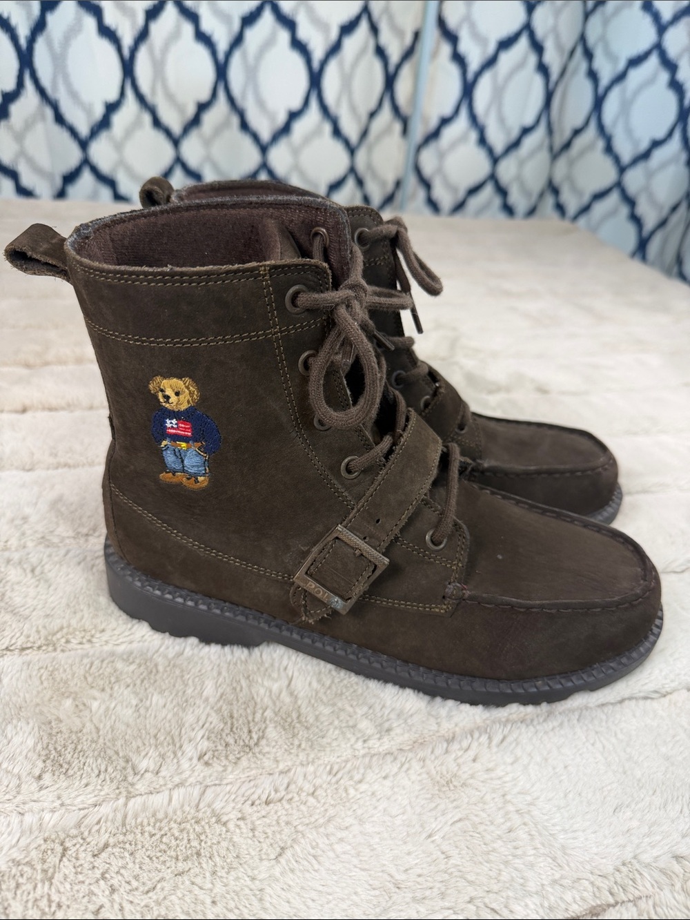 Polo Ralph Lauren Brown Suede Leather boot With Bear Logo, Youth 6